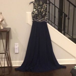 Midnight Blue and gold prom or formal dress